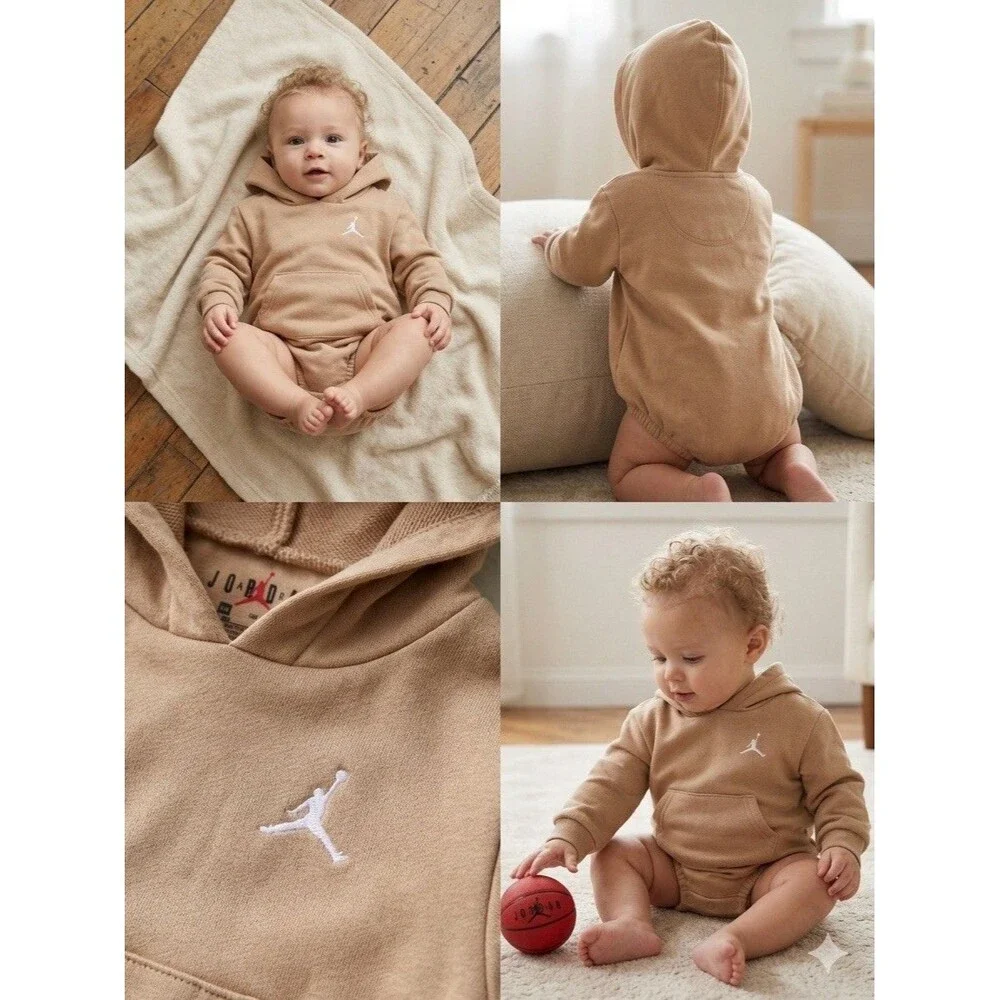 Nike Jordan Brooklyn Fleece Hooded Romper 3-6M Tan Beige Bubble Bodysuit